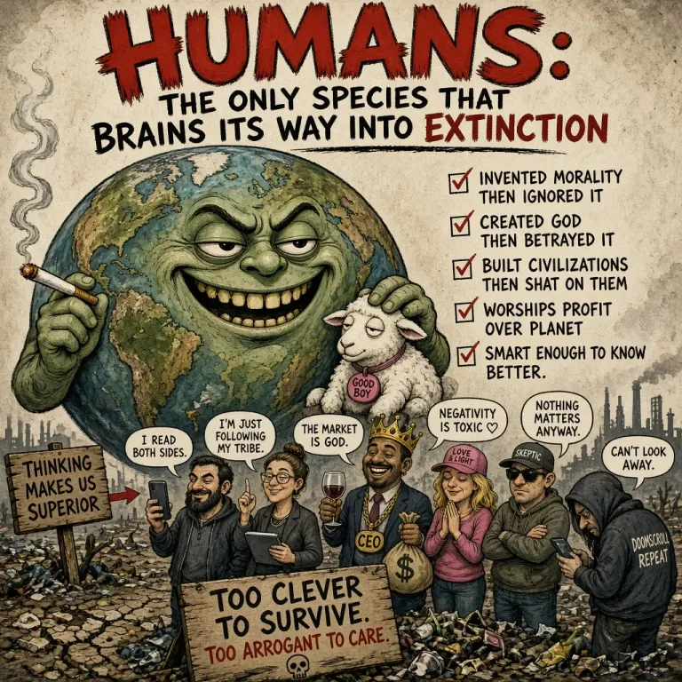 Cartoon of a smirking smoking Earth over a crowd, titled Humans: the only species that brains its way into extinction