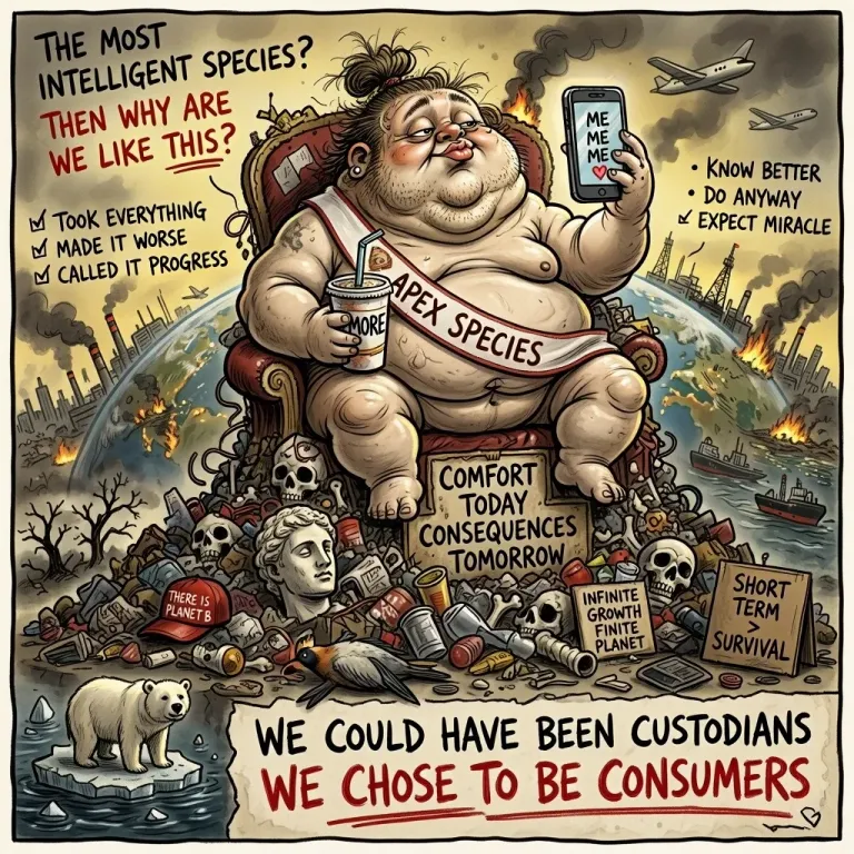 Cartoon of an obese man on a throne of skulls and rubbish with a sash reading Apex species, captioned We could have been custodians, we chose to be consumers