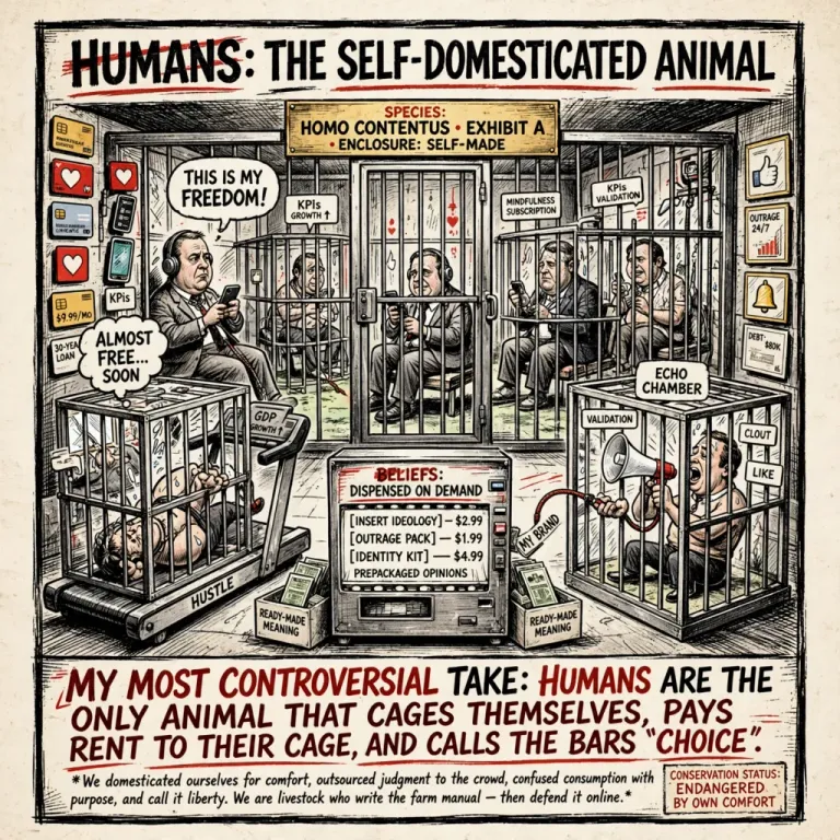 Cartoon titled Humans: the self-domesticated animal, people in cages labelled freedom and echo chamber