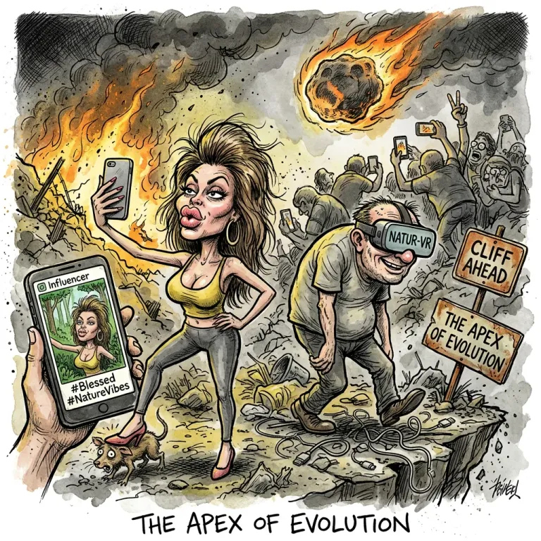 Cartoon of an influencer taking a selfie on a cliff edge as a meteor falls, captioned The apex of evolution