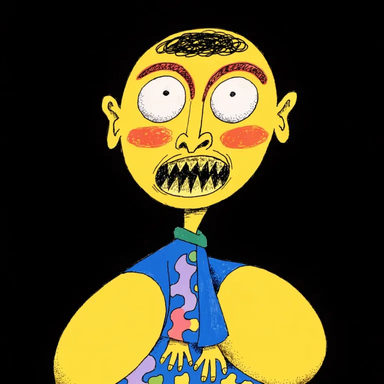 Flat illustration of a yellow bald figure with a wide grin of sharp teeth on a black background