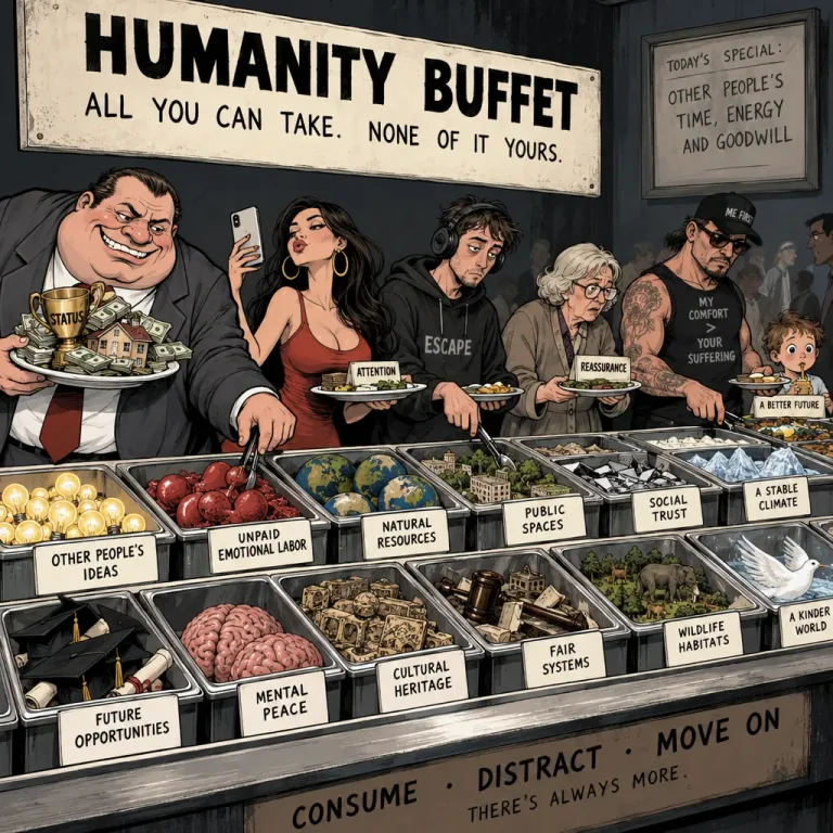 Cartoon of a Humanity Buffet where people pile plates with natural resources, social trust and other people's ideas
