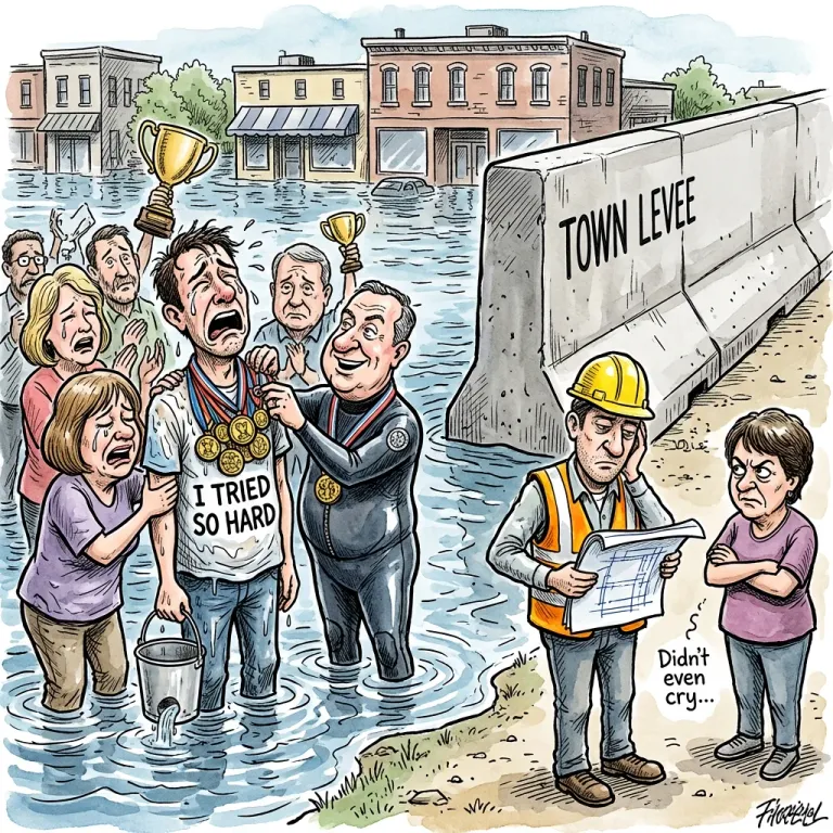 Cartoon of a flooded town cheering a weeping volunteer with a leaking bucket while glaring at the engineer who built the levee