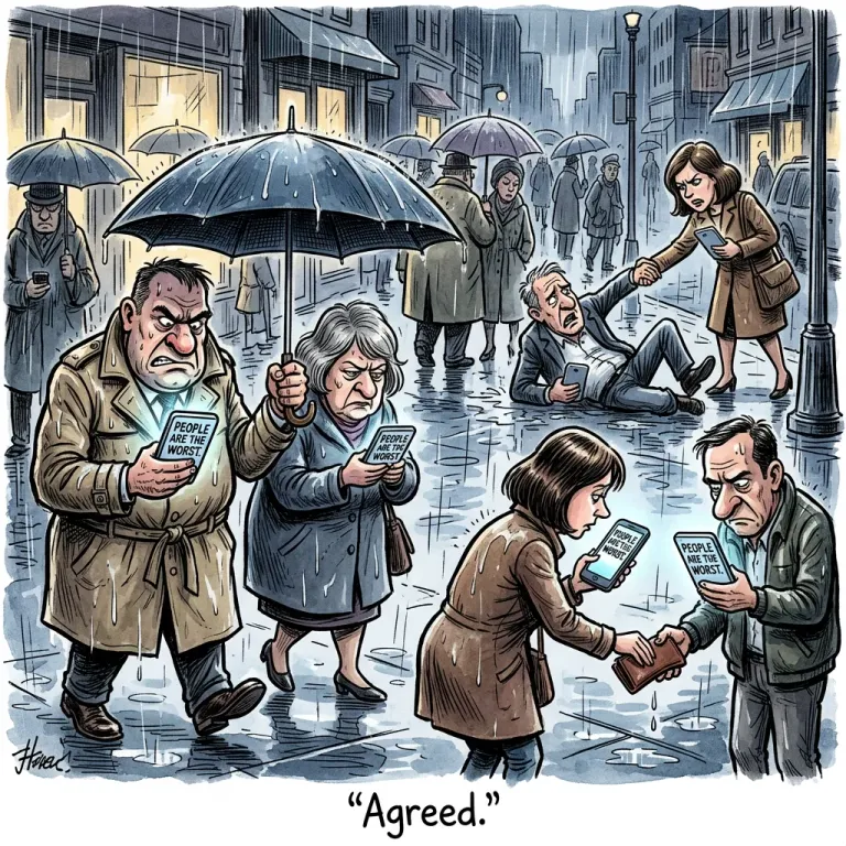 Cartoon of a rainy street where people hold umbrellas for strangers and return wallets while scowling at phones reading People are the worst, captioned Agreed