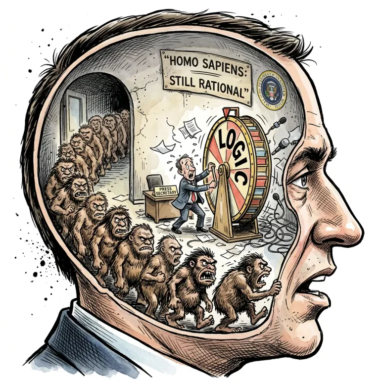 Cartoon of a man's head as a press office where a press secretary spins a wheel labelled Logic for a queue of apes