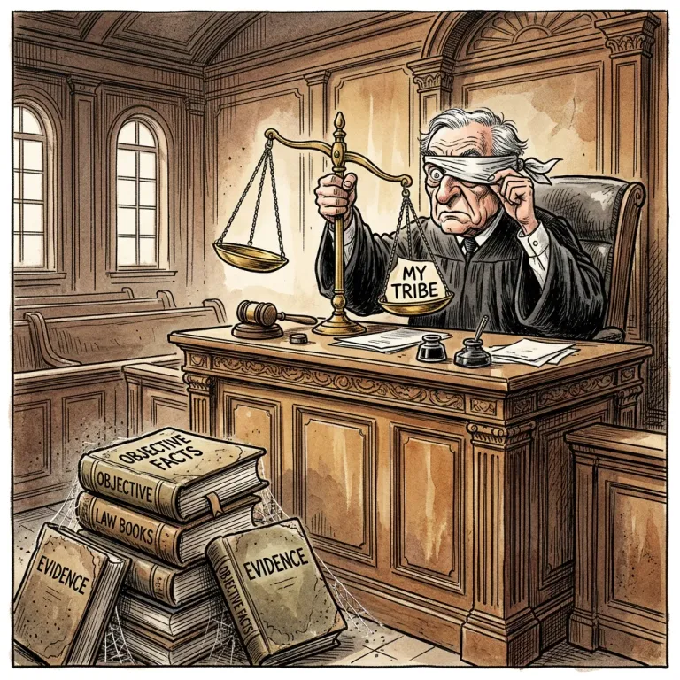 Cartoon judge peeking from under his blindfold, pressing a thumb on the scale marked My Tribe, with books of facts ignored on the floor