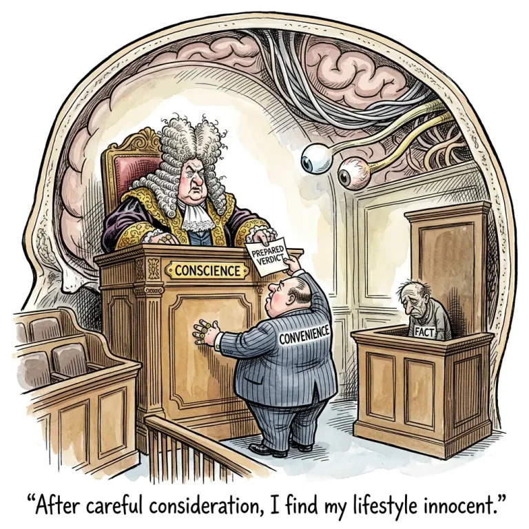 Cartoon courtroom inside a head where a judge named Conscience takes a prepared verdict from Convenience, captioned I find my lifestyle innocent