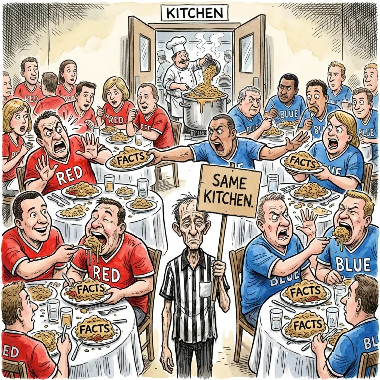 Cartoon banquet of fans in red and blue jerseys refusing each other's plates of facts while a referee holds a sign reading Same kitchen