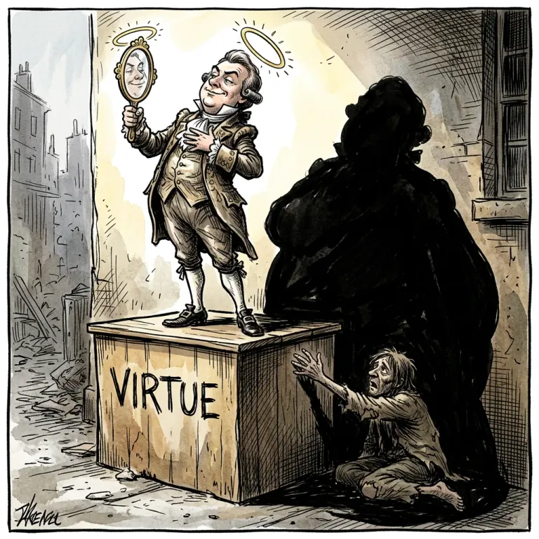 Cartoon of a smug powdered-wig gentleman on a crate labeled Virtue admiring his own haloed reflection in a hand mirror, while his huge black shadow falls over a ragged beggar reaching out