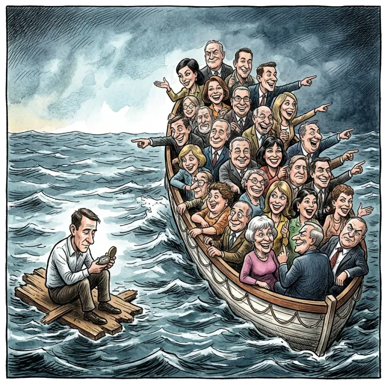 Cartoon of a packed lifeboat pointing the wrong way while a man with a compass drifts alone on a splinter of wood