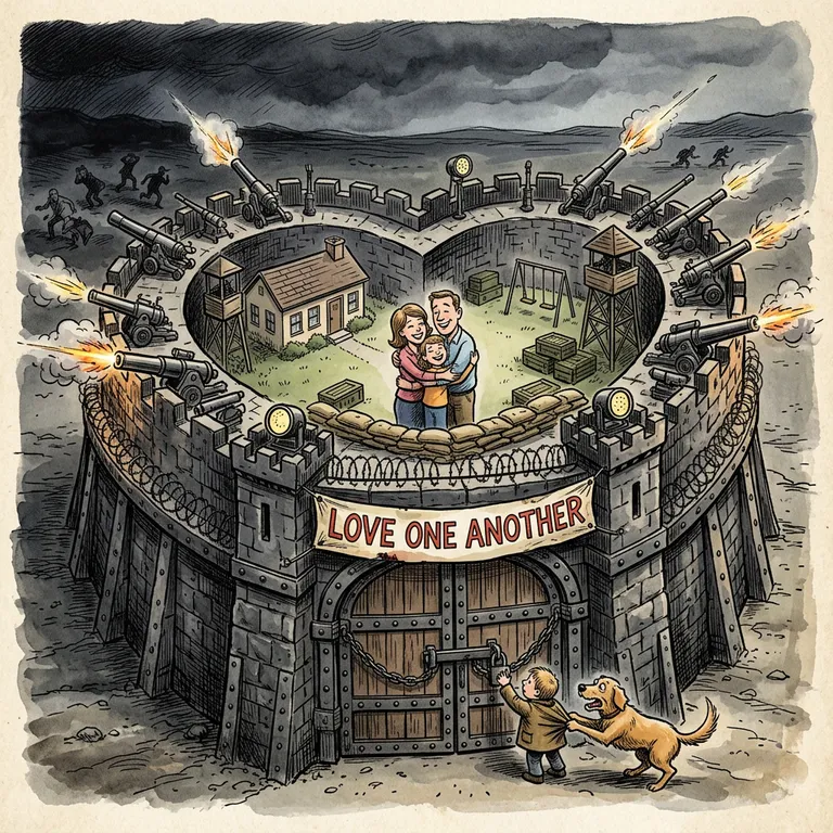 Cartoon of a family hugging inside a heart-shaped fortress whose cannons fire at strangers, under a banner reading Love one another