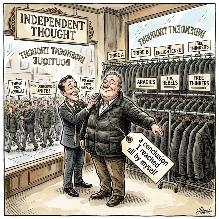 Cartoon boutique called Independent Thought selling identical jackets sorted by tribe, with a price tag reading a conclusion I reached all by myself