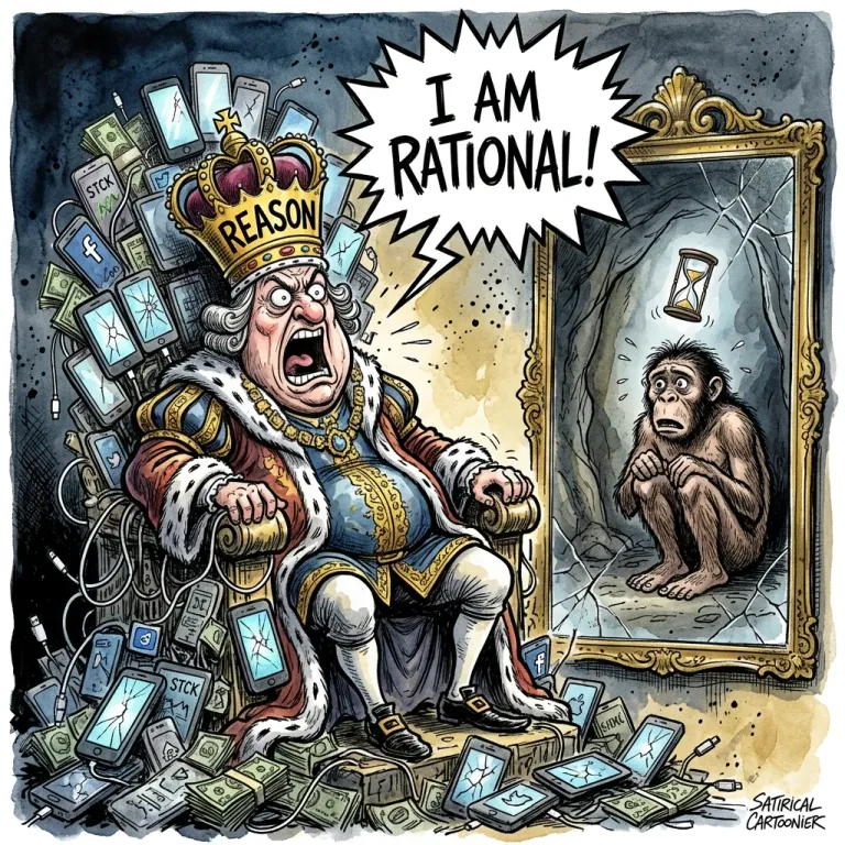 Cartoon of a king on a throne of phones shouting I am rational while his mirror shows a trembling ape in a cave