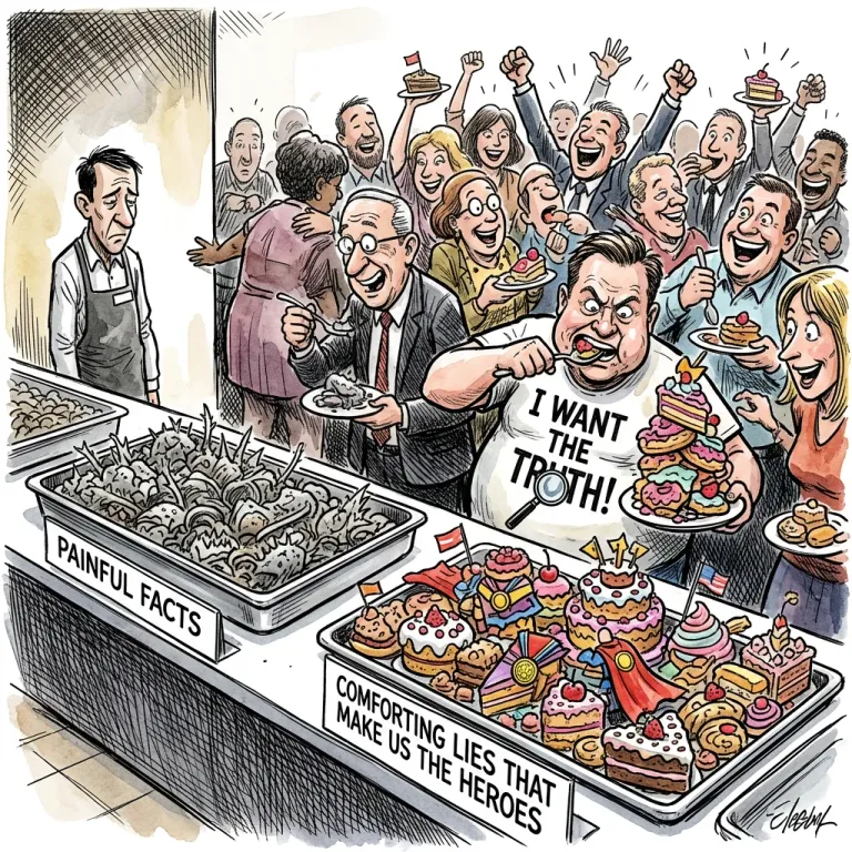 Cartoon buffet where a crowd devours cakes labelled Comforting lies that make us the heroes and ignores a tray of Painful facts
