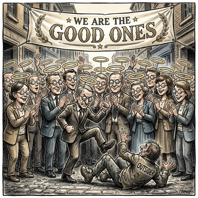 Cartoon crowd in halos under a banner reading We Are The Good Ones, applauding as one of them kicks a man labelled Outsider