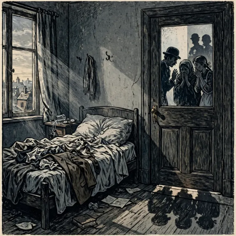 Woodcut of family faces peering through the glass of a bedroom door