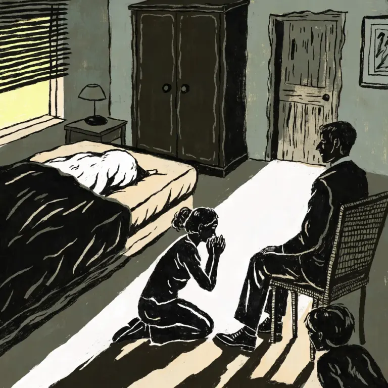 Linocut of a mother kneeling and a father slumped in a chair beside a bed