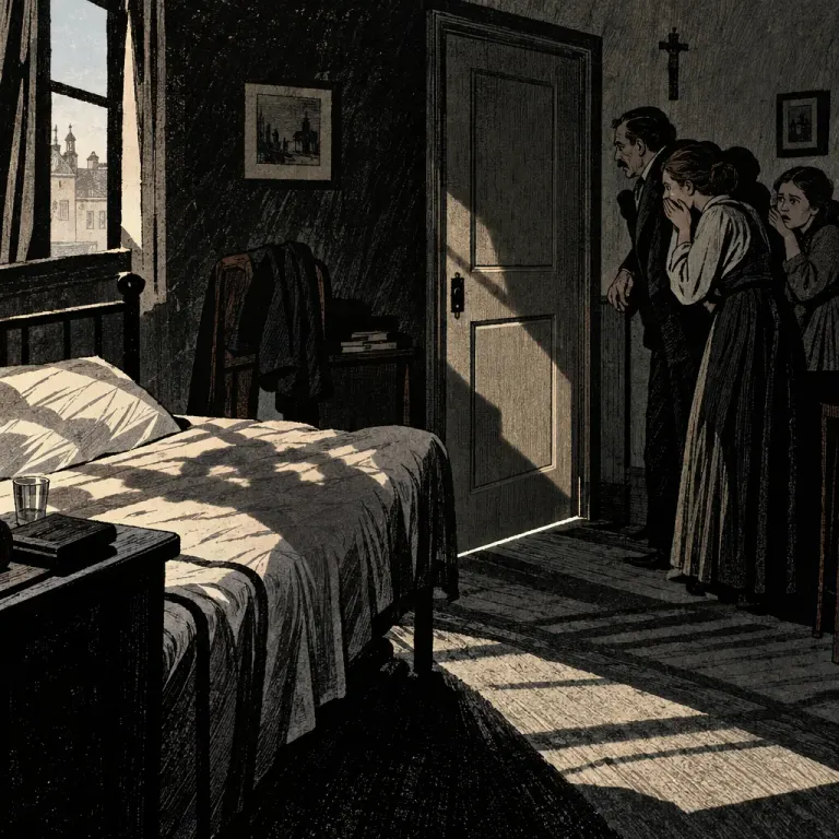 Engraving of a family recoiling at an open bedroom door