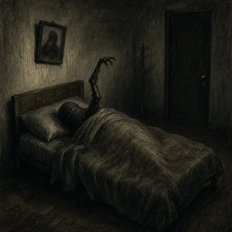Dark drawing of a clawed insect leg rising from a covered bed