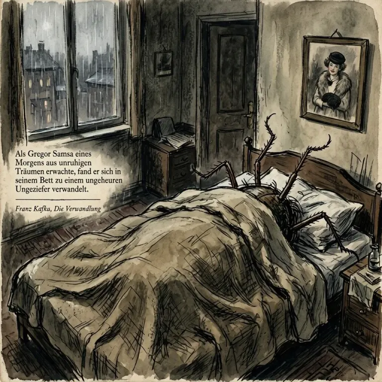 Ink drawing of insect legs poking out from under a blanket, with the novel's first line in German