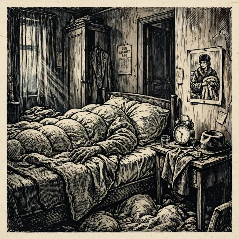 Woodcut of a bed with a human hand on the quilt, an alarm clock and a train timetable on the wall