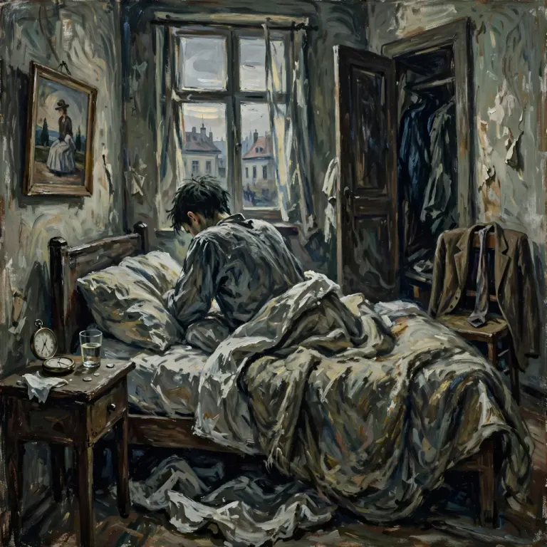 Painting of a young man hunched on the edge of a rumpled bed in a small room