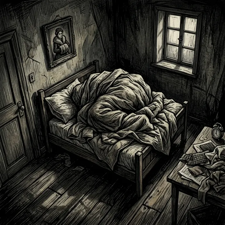 Scratchy woodcut of an empty, twisted bed under a framed portrait of a woman in furs