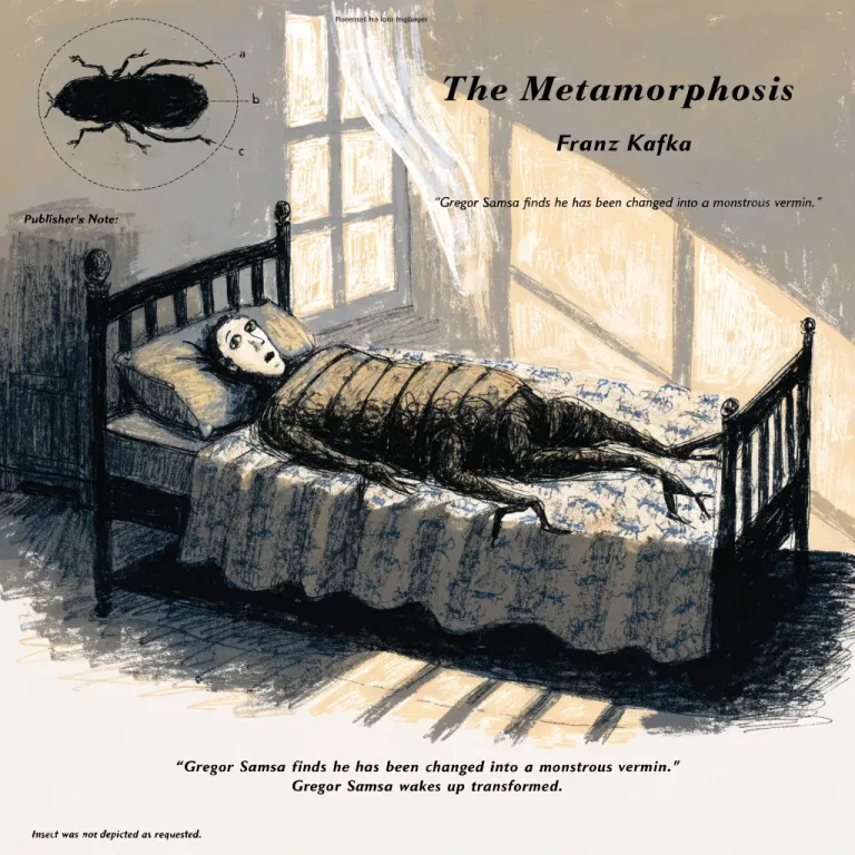 Illustration of a beetle diagram and an insect with a man's head on a bed, captioned Insect was not depicted as requested