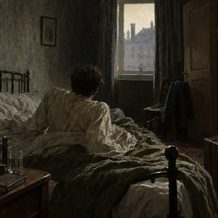 Dim painting of a man seen from behind on a bed, facing a window onto a grey city