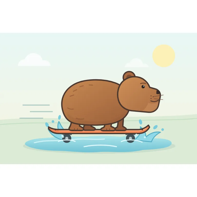 Kimi K3.1 Pro's SVG drawing of a capybara riding a skateboard through a puddle