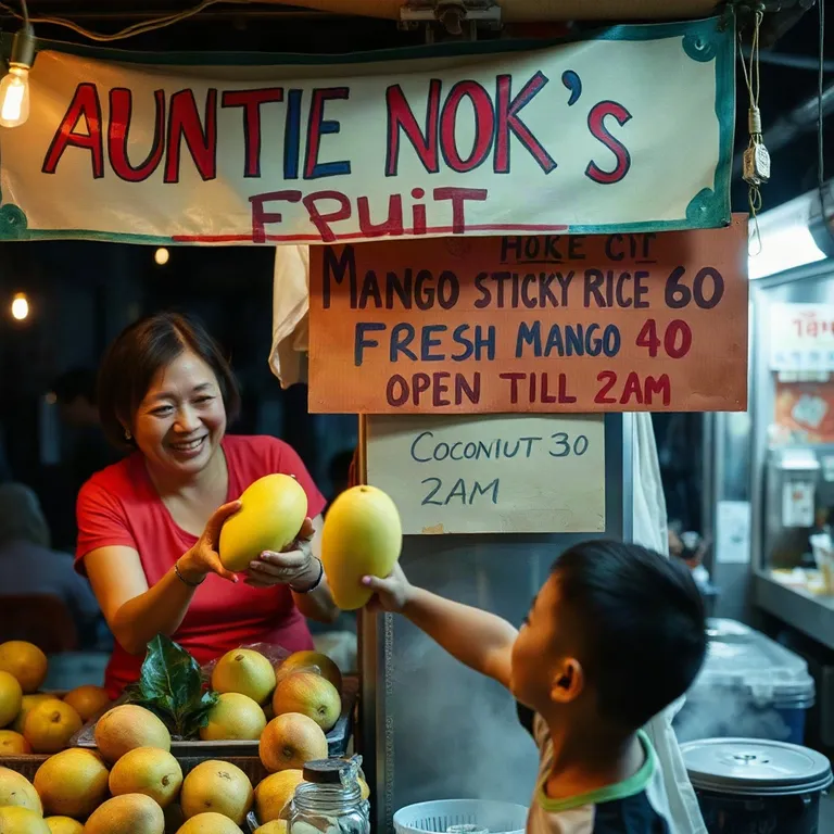 FLUX.1 Schnell’s picture for “A fruit seller at a Bangkok night market hands a mango to a smiling child. Above the stall a banner reads AUNTIE NOK'S FRUIT, and a hand-painted price board lists MANGO STICKY RICE 60, FRESH MANGO 40, COCONUT 30, OPEN TILL 2AM. String lights, steam from a noodle stall, 35mm photo”