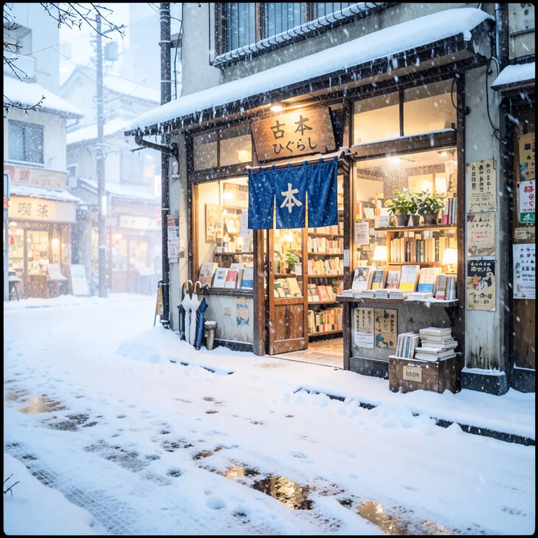 FLUX.2 Klein 4B’s picture for “Make it a snowy winter morning. Keep the bookshop, the street and the camera angle the same.”