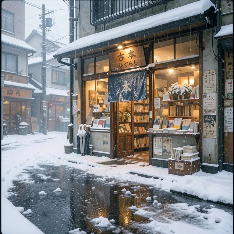 FLUX.2 Klein 9B’s picture for “Make it a snowy winter morning. Keep the bookshop, the street and the camera angle the same.”