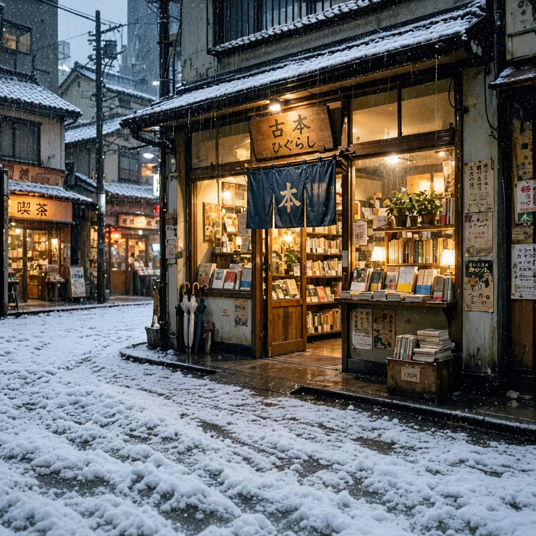 FLUX 3 Image Klein’s picture for “Make it a snowy winter morning. Keep the bookshop, the street and the camera angle the same.”