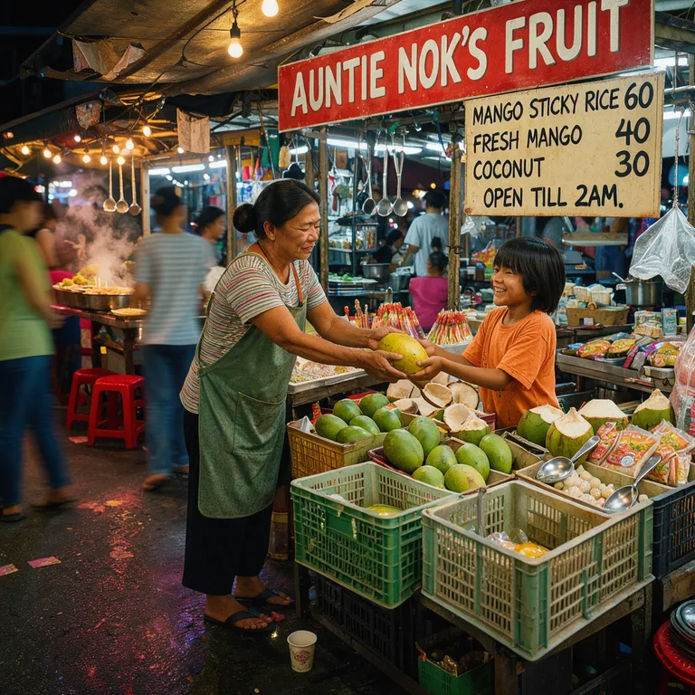 FLUX 3 Image Klein’s picture for “A fruit seller at a Bangkok night market hands a mango to a smiling child. Above the stall a banner reads AUNTIE NOK'S FRUIT, and a hand-painted price board lists MANGO STICKY RICE 60, FRESH MANGO 40, COCONUT 30, OPEN TILL 2AM. String lights, steam from a noodle stall, 35mm photo”
