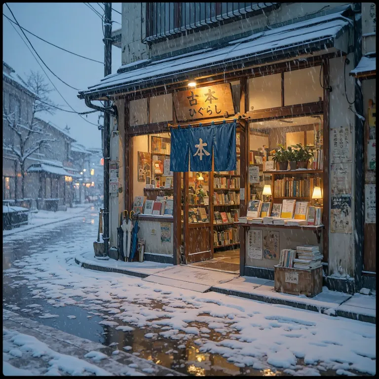 FLUX.1 Kontext Pro’s picture for “Make it a snowy winter morning. Keep the bookshop, the street and the camera angle the same.”