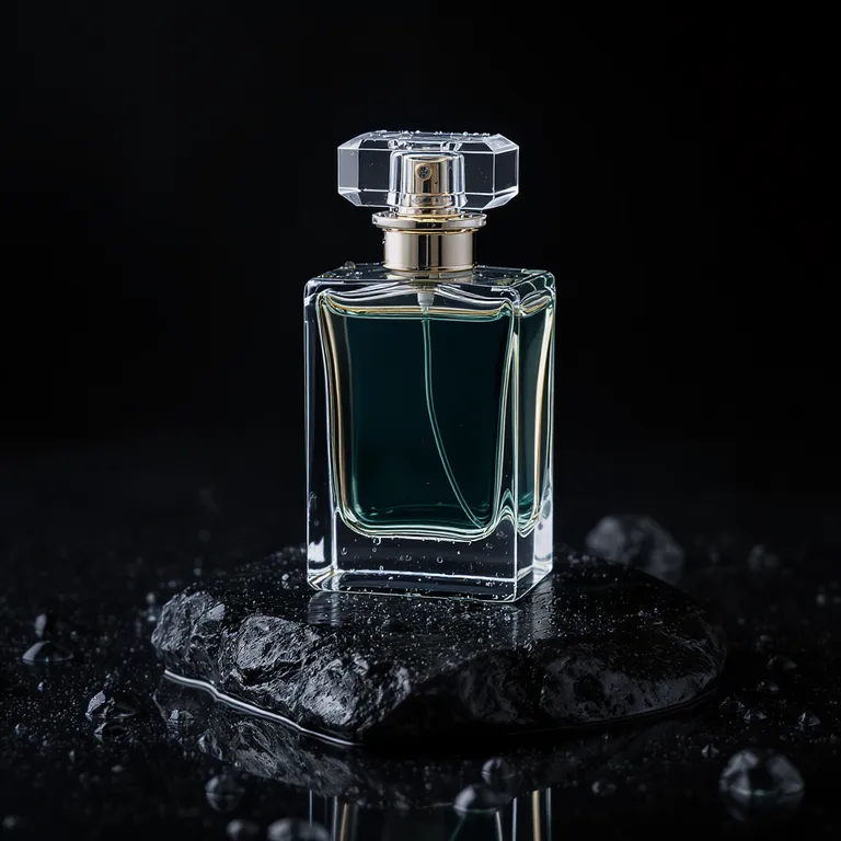 FLUX.1 Kontext Pro’s picture for “A glass perfume bottle on wet black stone, soft studio lighting, water droplets, high-end product photography”