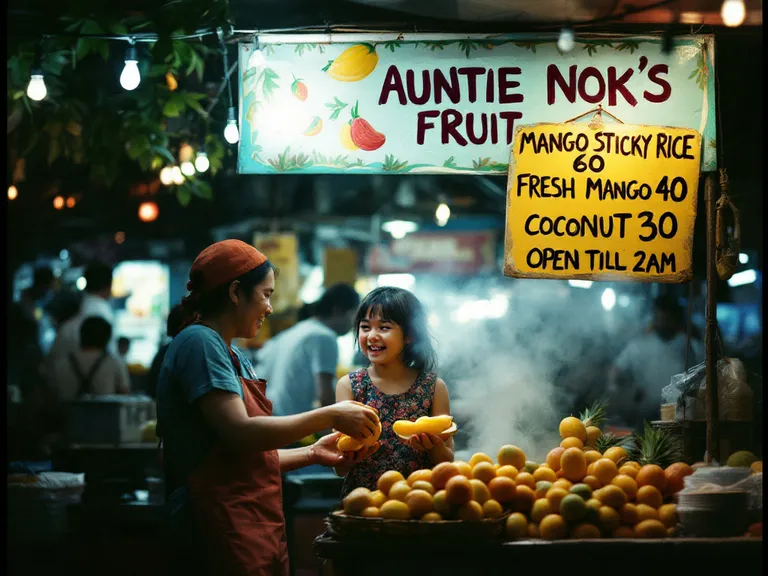 FLUX1.1 [pro]’s picture for “A fruit seller at a Bangkok night market hands a mango to a smiling child. Above the stall a banner reads AUNTIE NOK'S FRUIT, and a hand-painted price board lists MANGO STICKY RICE 60, FRESH MANGO 40, COCONUT 30, OPEN TILL 2AM. String lights, steam from a noodle stall, 35mm photo”