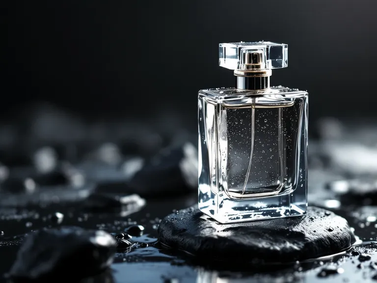FLUX1.1 [pro]’s picture for “A glass perfume bottle on wet black stone, soft studio lighting, water droplets, high-end product photography”