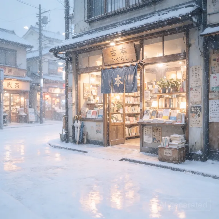 Seedream 4.5’s picture for “Make it a snowy winter morning. Keep the bookshop, the street and the camera angle the same.”