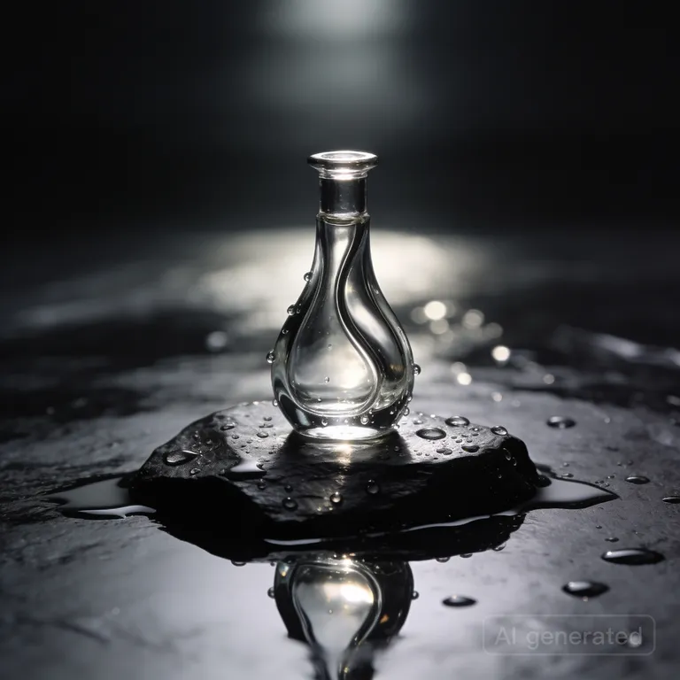 Seedream 4.5’s picture for “A glass perfume bottle on wet black stone, soft studio lighting, water droplets, high-end product photography”
