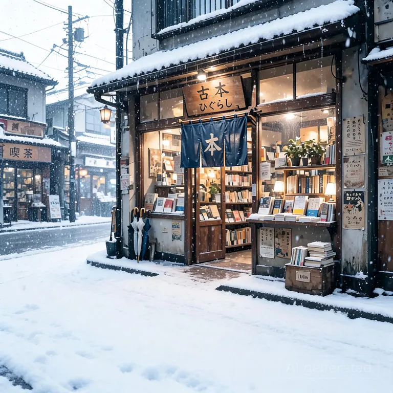 Seedream 5.0 Lite’s picture for “Make it a snowy winter morning. Keep the bookshop, the street and the camera angle the same.”