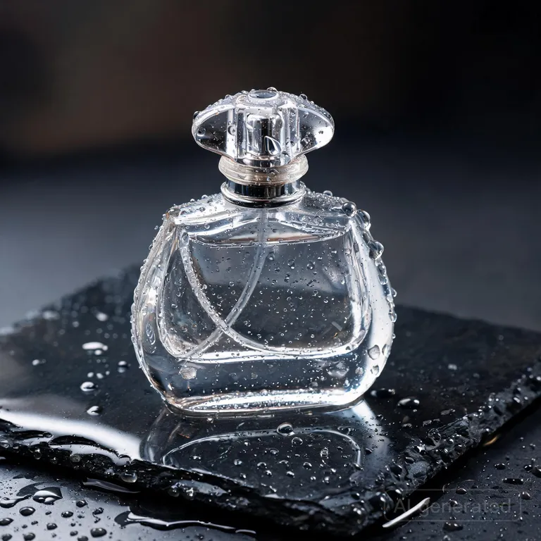 Seedream 5.0 Lite’s picture for “A glass perfume bottle on wet black stone, soft studio lighting, water droplets, high-end product photography”