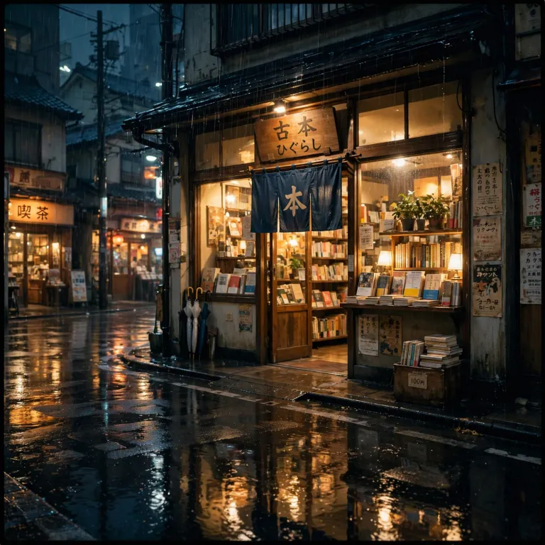 Input photo: a bookshop on a rainy Tokyo street at night