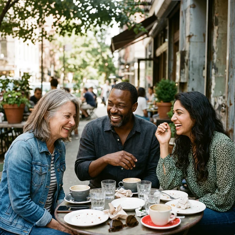 Input photo: three friends laughing at a café table