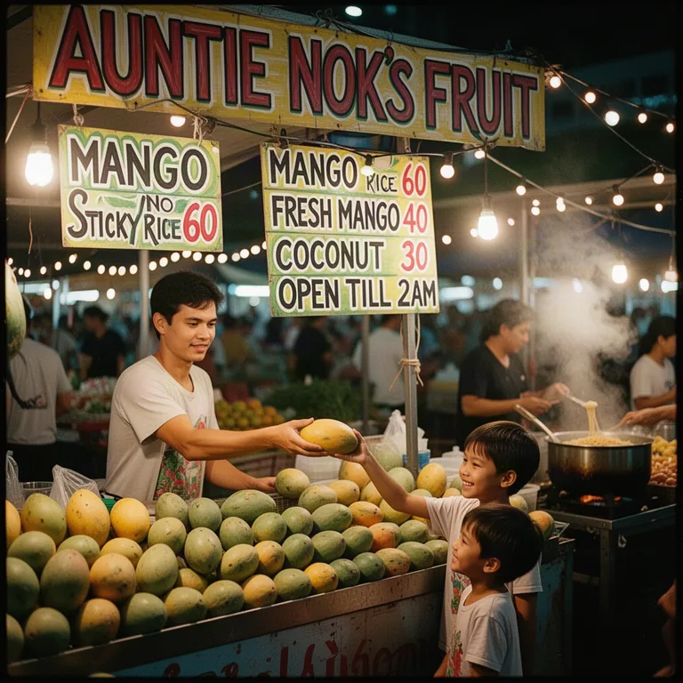 FLUX.2 Dev Flash’s picture for “A fruit seller at a Bangkok night market hands a mango to a smiling child. Above the stall a banner reads AUNTIE NOK'S FRUIT, and a hand-painted price board lists MANGO STICKY RICE 60, FRESH MANGO 40, COCONUT 30, OPEN TILL 2AM. String lights, steam from a noodle stall, 35mm photo”