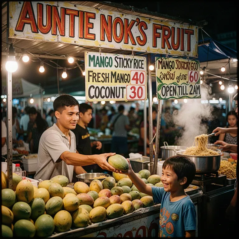 FLUX.2 Dev Turbo’s picture for “A fruit seller at a Bangkok night market hands a mango to a smiling child. Above the stall a banner reads AUNTIE NOK'S FRUIT, and a hand-painted price board lists MANGO STICKY RICE 60, FRESH MANGO 40, COCONUT 30, OPEN TILL 2AM. String lights, steam from a noodle stall, 35mm photo”