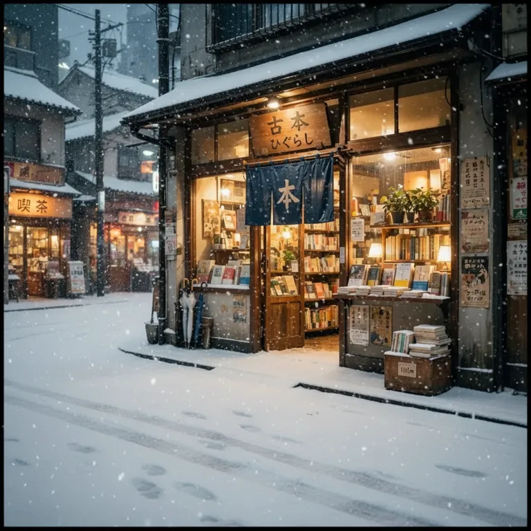 Nano Banana (Gemini 2.5 Flash Image)’s picture for “Make it a snowy winter morning. Keep the bookshop, the street and the camera angle the same.”