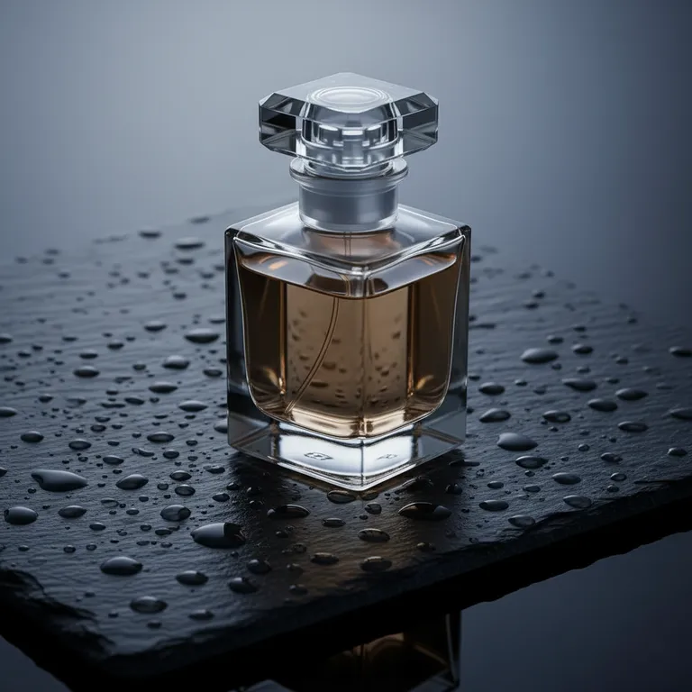 Nano Banana (Gemini 2.5 Flash Image)’s picture for “A glass perfume bottle on wet black stone, soft studio lighting, water droplets, high-end product photography”