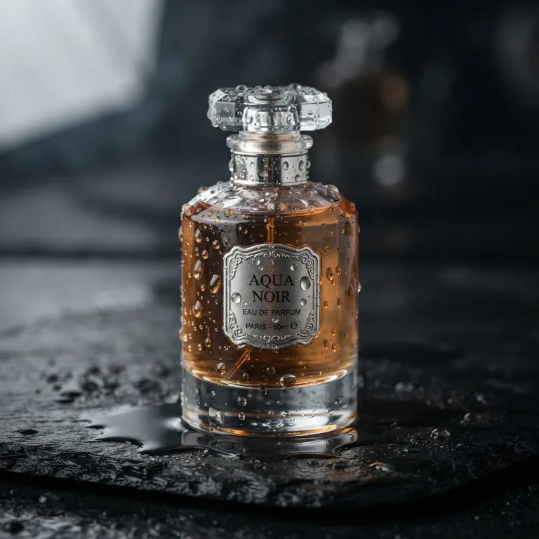 Gemini 3.1 Flash Lite Image (Nano Banana 2 Lite)’s picture for “A glass perfume bottle on wet black stone, soft studio lighting, water droplets, high-end product photography”